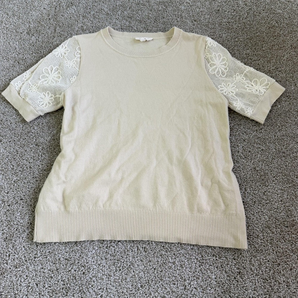 La Vila Milano Sweater Womens Large White Crew Neck Short Sleeve Crochet Floral
